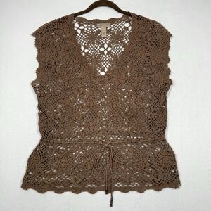 Vintage Crochet Top Womens XL Open Knit Tie Waist V Neck Y2K Festival Hippie